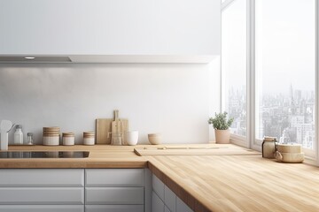 Wall Mural - Wooden counter with a white kitchen interior and a large window in the backdrop. product display mockup copy space. Generative AI