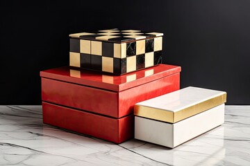 Wall Mural - a stack of three golden red boxes with a beige, black, and white paper background. Generative AI