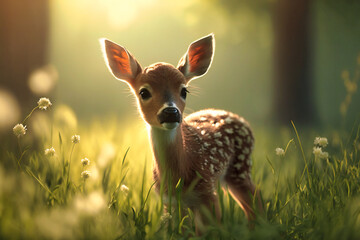 Poster - A young fawn bounds playfully through tall grass, its spots blending into the sun-drenched landscape