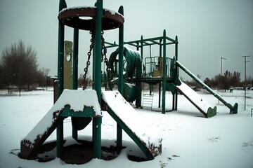 Wall Mural - view of empty playground in winter, with snow and icicles on the equipment, created with generative ai