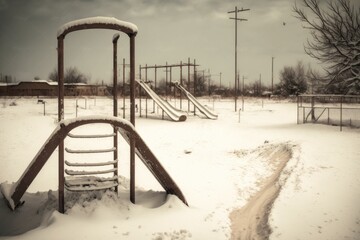 Canvas Print - view of empty playground in winter, with snow and icicles on the equipment, created with generative ai