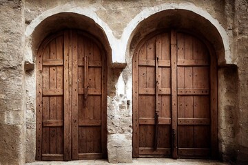 Poster - Two large arched medieval door made of wood in beige stone wall., created with generative ai