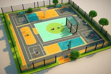 Wall Mural - sport playground with basketball court, soccer goal and volleyball net for a variety of games, created with generative ai