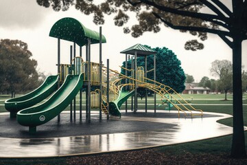 Wall Mural - playground with climbing equipment, slides, and swings in empty park on a rainy day, created with generative ai