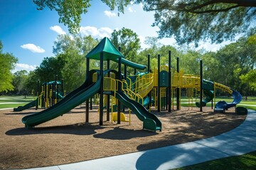 Canvas Print - playground with slides, swings, and jungle gyms in a park surrounded by trees, created with generative ai