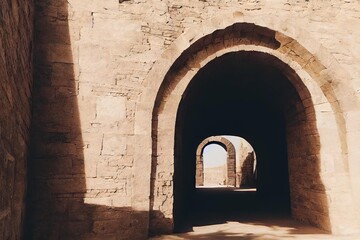 Canvas Print - Sunny arched high medieval door in stone palace., created with generative ai