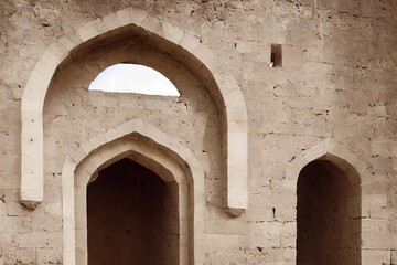 Canvas Print - High arched passages of marble and stone with medieval door., created with generative ai