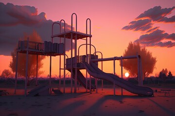 Wall Mural - empty playground at sunset, with orange and pink hues filling the sky, created with generative ai