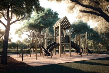 Wall Mural - a playground with climbing structures, slides, and swings in a serene park setting, created with generative ai