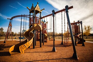 Canvas Print - empty playground with towering climbing structures and swings, ready for children's adventure, created with generative ai