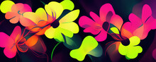Graphic Painting. Flower Art. Digital Background. Creative Illustration Of Bright Neon Pink Yellow Blossom Petals Pattern.
