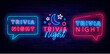 Trivia night neon signboards collection. Moon and staars. Speech bubble frame. Vector stock illustration