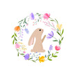 Happy Easter vector illustration. Trendy Easter design with wreath, bunny and spring flowers in soft colors for banner, poster, greeting card.