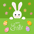 Happy Easter vector illustration on green background. Trendy Easter design with typography, bunny, flowers, eggs in soft colors for banner, poster, greeting card.