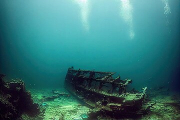 Poster - Diver underwater view of the wreckage of a wooden ship at the bottom of the sea., created with generative ai