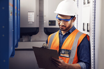 Poster - Man, electricity and technician in control room, writing notes and machine maintenance on clipboard. Male electrician, system and electrical substation for power, engineering inspection and checklist