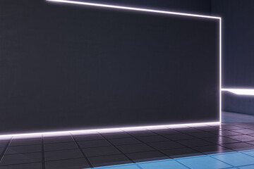 Aufkleber - Abstract interior with blank banner, tile floor and empty mock up place. 3D Rendering.
