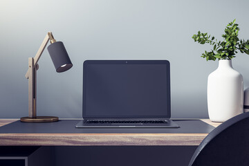 Poster - Close up of empty laptop on wooden desk with decorative vase and plant, lamp and mock up place on concrete wall background. Designer workspace concept. 3D Rendering.