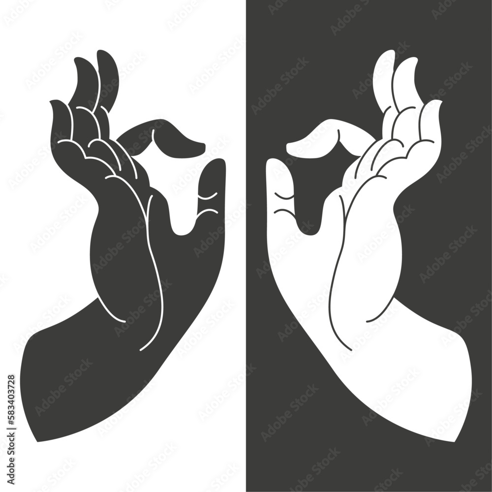 Hindu hand pose on black and white. Buddhist mudra. Tibetan thangka symbol.