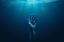 Despair Drowning Hand Underwater Danger Help Accident On Urgency Sos Dangerous Water Background Of Emergency Problem Rescue Ocean Swimming Warning Risk Or Saving Life Reaching Hopeless Alone Concept.