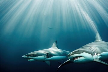 Poster - Sharks swimming in the depths of the ocean in the rays of the diver's sun underwater view., created with generative ai