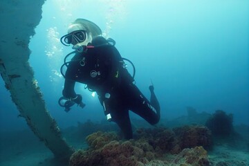 Poster - Lonely scuba diver and diver underwater view of the ocean floor with plants., created with generative ai