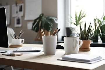 Sticker - Desk at a home office with a pencil holder, coffee cup, and house plant. Generative AI