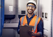 © A. Frank/peopleimages.com - Portrait of happy man, engineering and technician at control panel, inspection and maintenance planning on clipboard. Male electrician smile at electrical substation for power, system and checklist