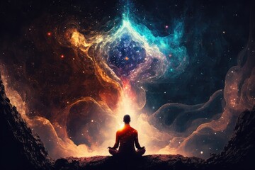 Canvas Print - person, meditating in quiet and still space, surrounded by energy of the universe, created with generative ai