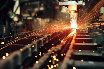 Canvas Print - Sparks flying out from under the machine during metal processing at the factory., created with generative ai