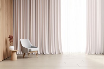 Poster - Interior design of a contemporary empty room with drapes, a heating battery, and a chair. Generative AI