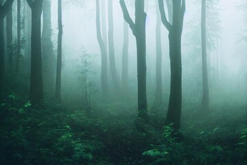 Poster - Morning forest fog dissipates between tree trunks, created with generative ai