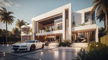 Luxury White Tropical Hotel Front In Miami, Generative Ai