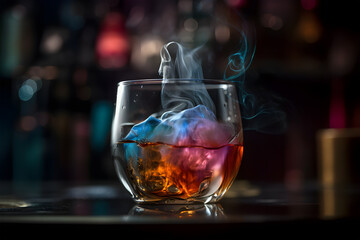 Canvas Print - Whiskey. Whiskey in a glass with ice and smoke on a black background, close up. Generative AI technology