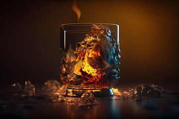 Canvas Print - Whiskey. Glass of whiskey with ice cubes and fire on dark background, close up. Generative AI technology.