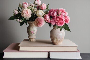 Poster - Two porcelain vases with delicate peon flower on stand of books on gray background., created with generative ai