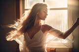 Fototapeta  - beautiful young woman dancing in the morning lights, generative ai