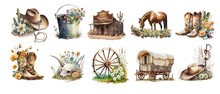 Cowboy Household Items, Watercolor Clipart For Design And Scrapbooking, Generative AI