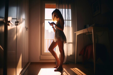 beautiful young woman using her phone at home in the morning lights, generative ai