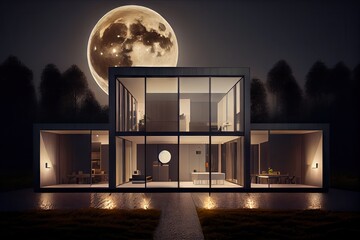 Poster - a modern house, with its exterior illuminated by flickering candlelight and a full moon, created with generative ai