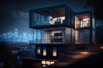 Wall Mural - luxury modern house with view of the city at night, with illuminated windows and lights, created with generative ai