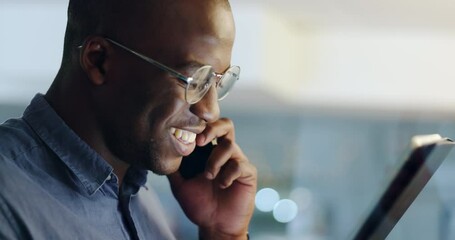Aufkleber - Phone call, communication and business black man talking on tablet for networking, conversation and connection. Discussion, office and male worker on digital tech for research, planning and strategy