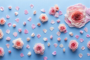 Poster - Necessary pink buds and small light rose petals on blue background., created with generative ai