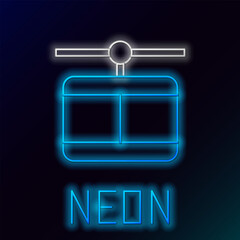 Sticker - Glowing neon line Cable car icon isolated on black background. Funicular sign. Colorful outline concept. Vector