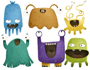 Set of cute monsters character illustration. Childish hand painted illustration, design, print, stickers, nursery, decoration