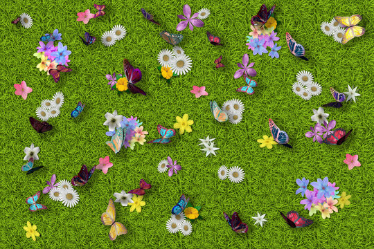 Wall Mural -  - Illustrazione 3D. Primavera, estate. Fiori e farfalle su prato verde texture. Sfondo campo di erba con fiori colorati e farfalle.