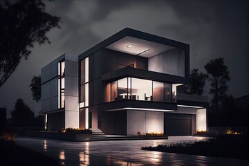 Wall Mural - a modern house with a sleek exterior and minimalist design, surrounded by the bright lights of the city at night, created with generative ai