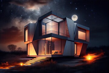 Wall Mural - beautiful modern house with warm exterior lights, set against the night sky, created with generative ai