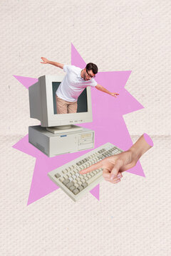 Vertical collage image of crazy mini guy inside pc display big arm finger touch press keyboard button isolated on creative background