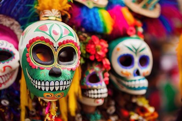 Poster - Mexican multicolored skull tiki mask and skeletons for All Saints' Day., created with generative ai